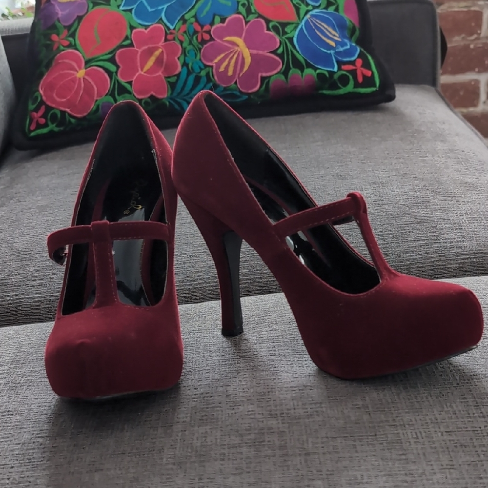 Qupid Deep Red T-Strap Heels